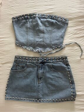 Missguided Denim Studded Skirt + Top Set